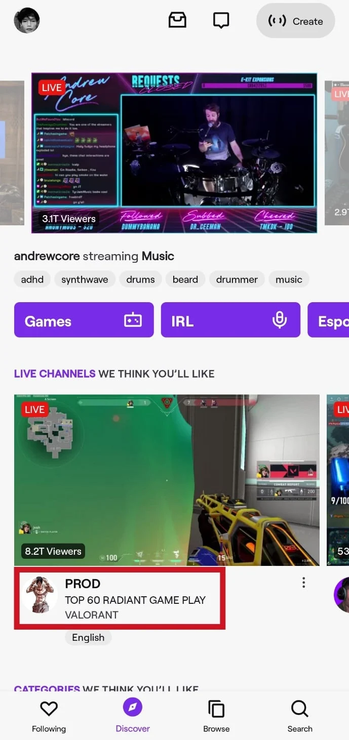 Vai al canale di uno streamer Twitch toccando il suo avatar o il suo nome | Come abbonarsi con Twitch Prime su dispositivo mobile