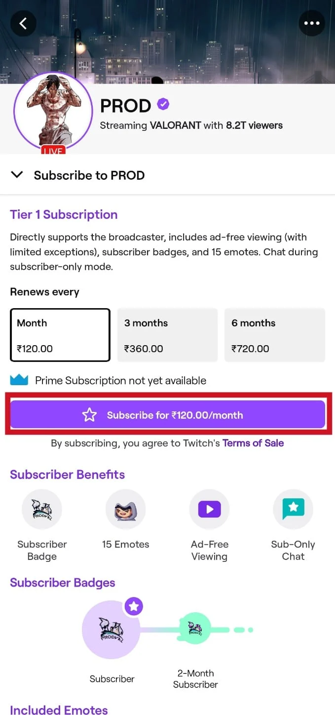 Tocca il pulsante Iscriviti | Come abbonarsi con Twitch Prime su dispositivo mobile