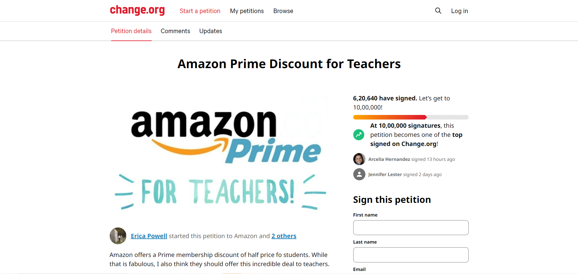 Petition für Amazon Prime-Rabatt für Lehrer