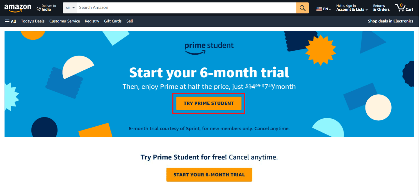 PRIME STUDENTを試すボタンをクリック