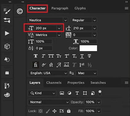 แท็บตัวอักษร - ช่องขนาดตัวอักษร - ค่าที่ต้องการ