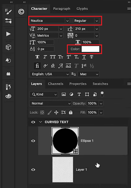 Selezionare il carattere e il colore del carattere desiderati | Come curvare il testo in Photoshop