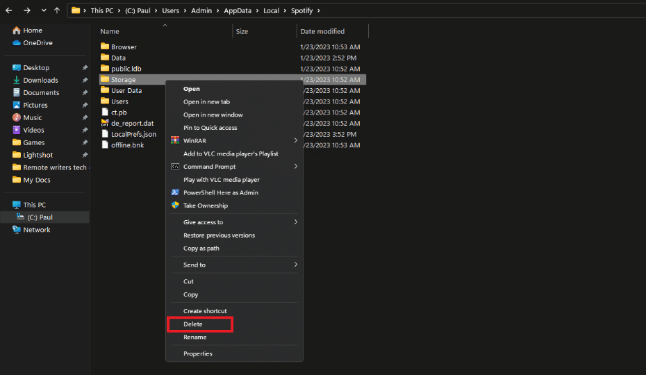 คลิกขวาที่โฟลเดอร์ Storage แล้วเลือก Delete | วิธีล้างแคช Spotify ใน Windows 10