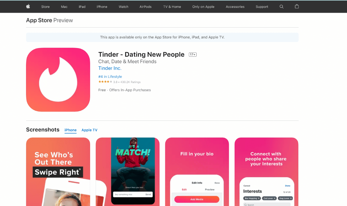 Pagina di installazione dell'app Tinder