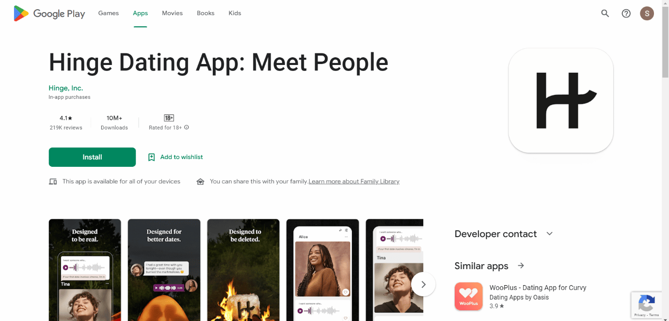 Hinge App Install Page facilità d'uso