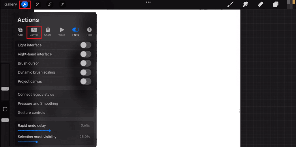 pilih menu Canvas di pengaturan procreate