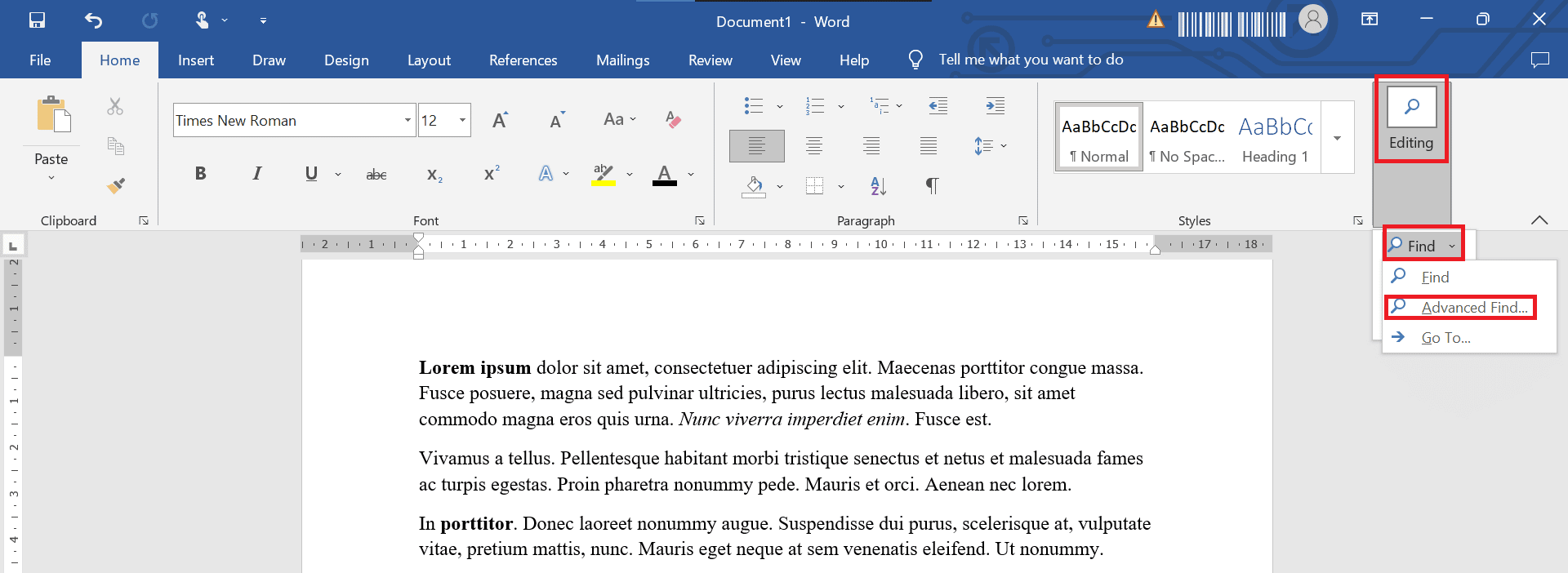 高度な検索をクリックします。太字で書式設定されたテキストの次のインスタンスを見つける方法