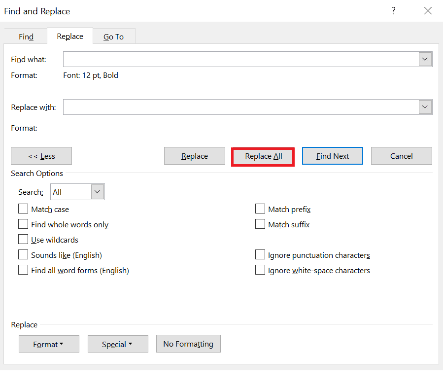 Klicken Sie auf Weitersuchen und dann für jede Wortphrase auf Ersetzen oder auf Alle ersetzen