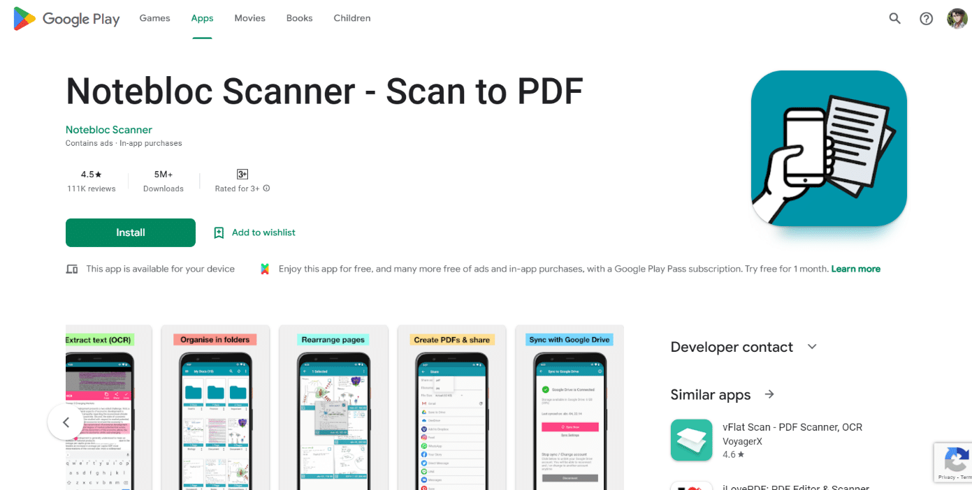 Scanner Notebloc nel Play Store