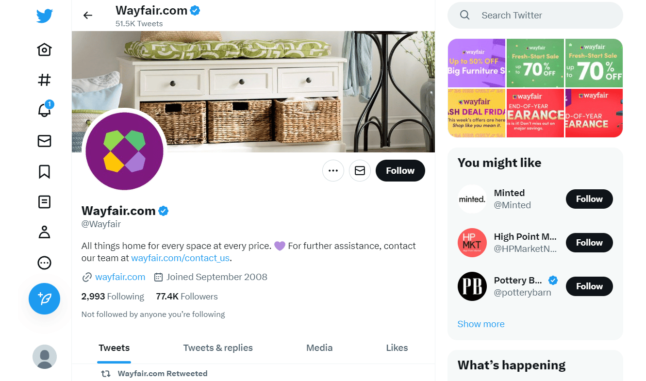 Page Twitter de Wayfair | Comment passer de Wayfair Professional à Regular