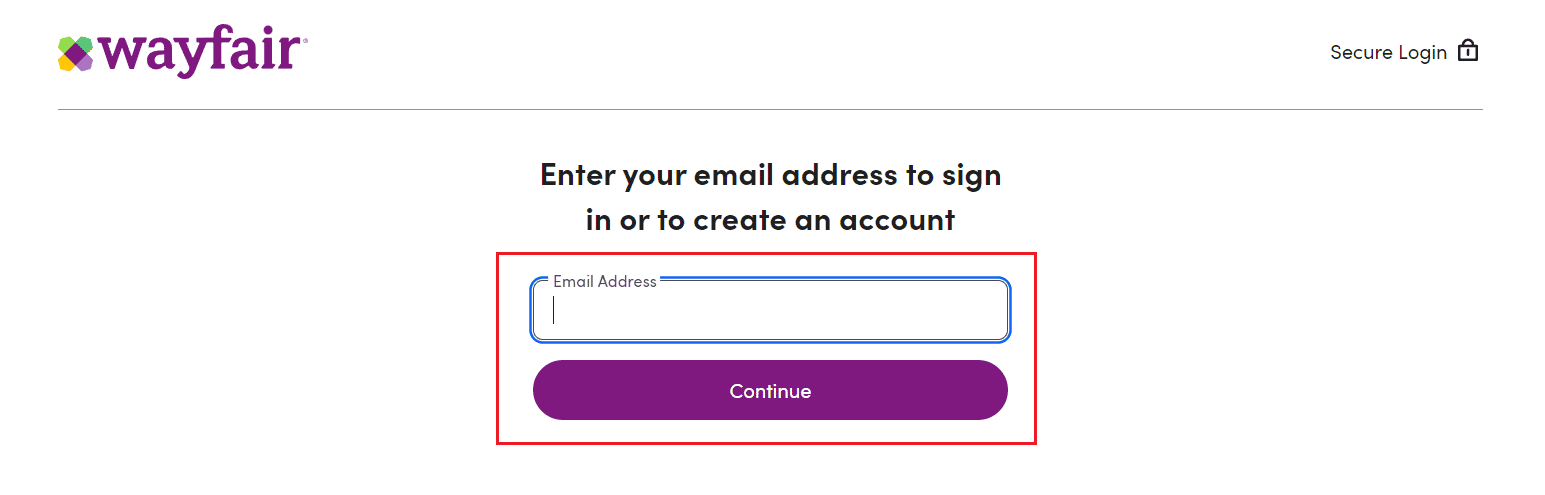 entrez votre adresse e-mail et cliquez sur Continuer | Comment passer de Wayfair Professional à Regular