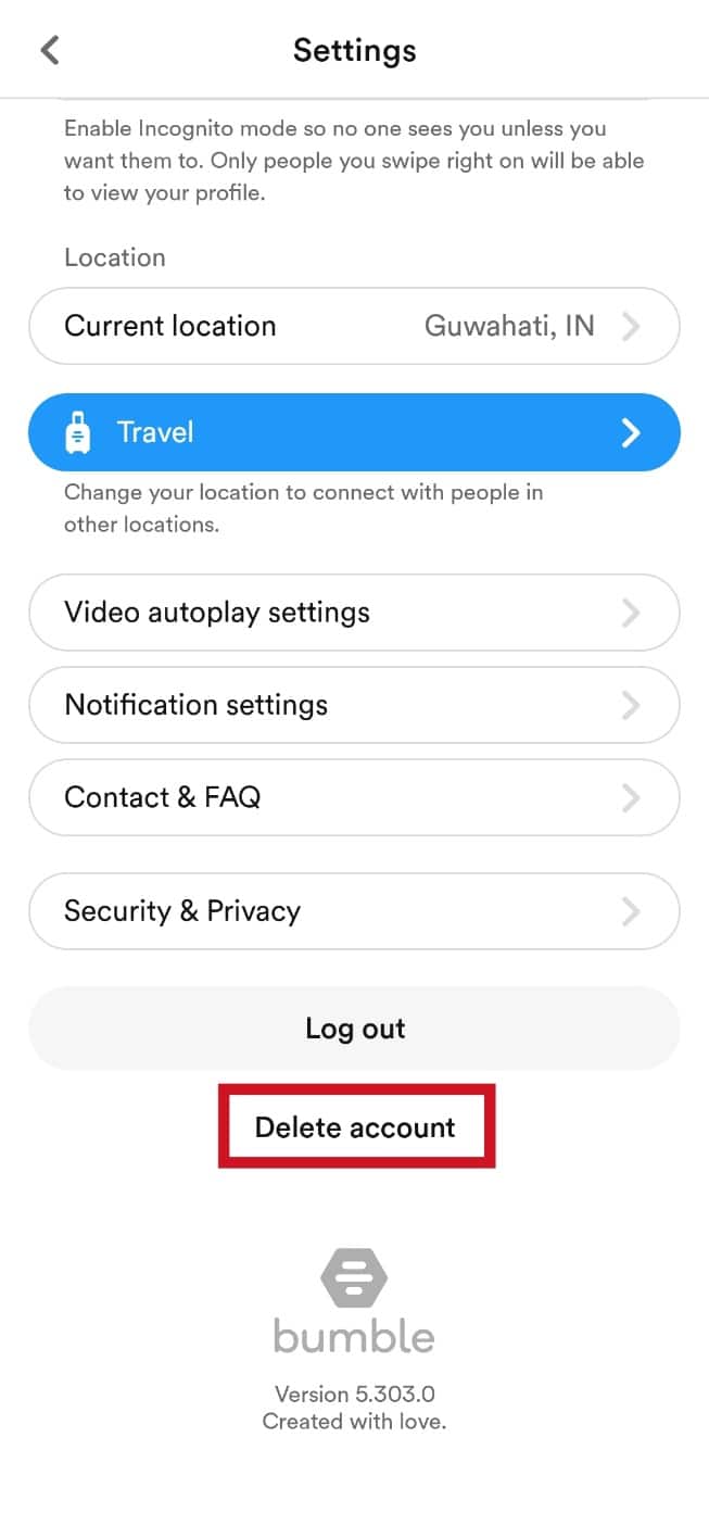 Tippen Sie auf die Option Konto löschen | Was passiert, wenn Sie das Bumble-Konto löschen?
