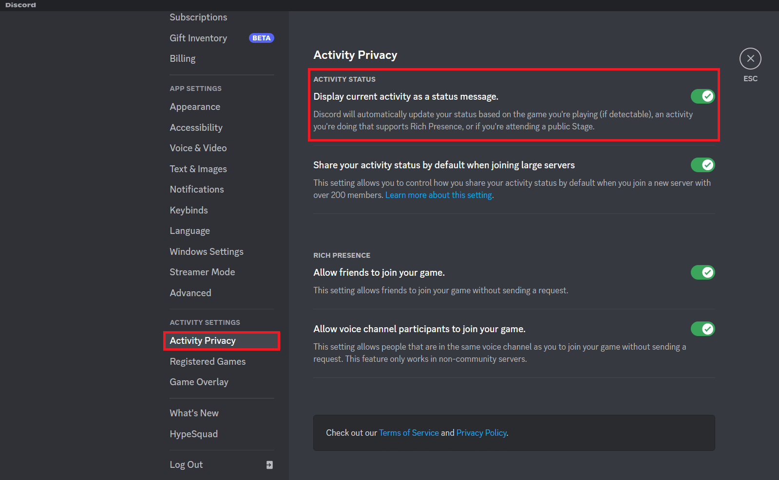 Ative a opção Exibir atividade atual como uma mensagem de status