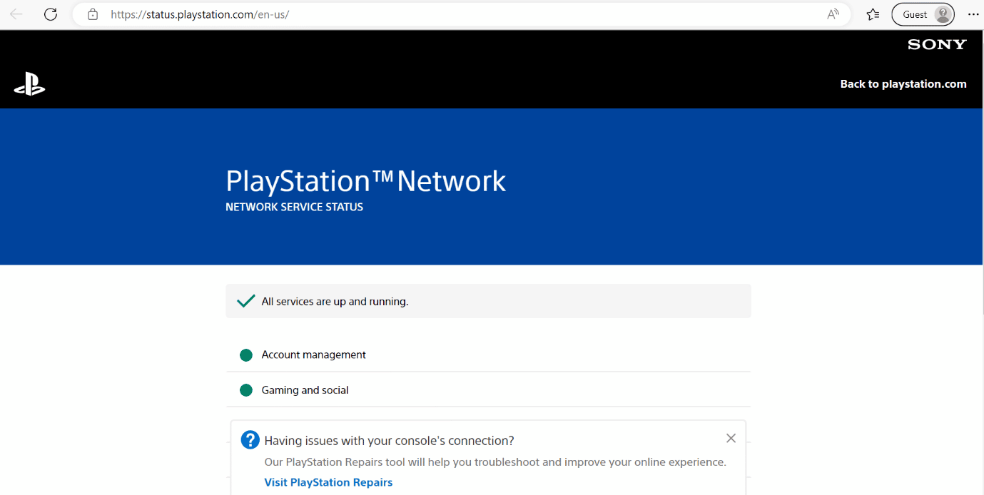 página de status do playstation