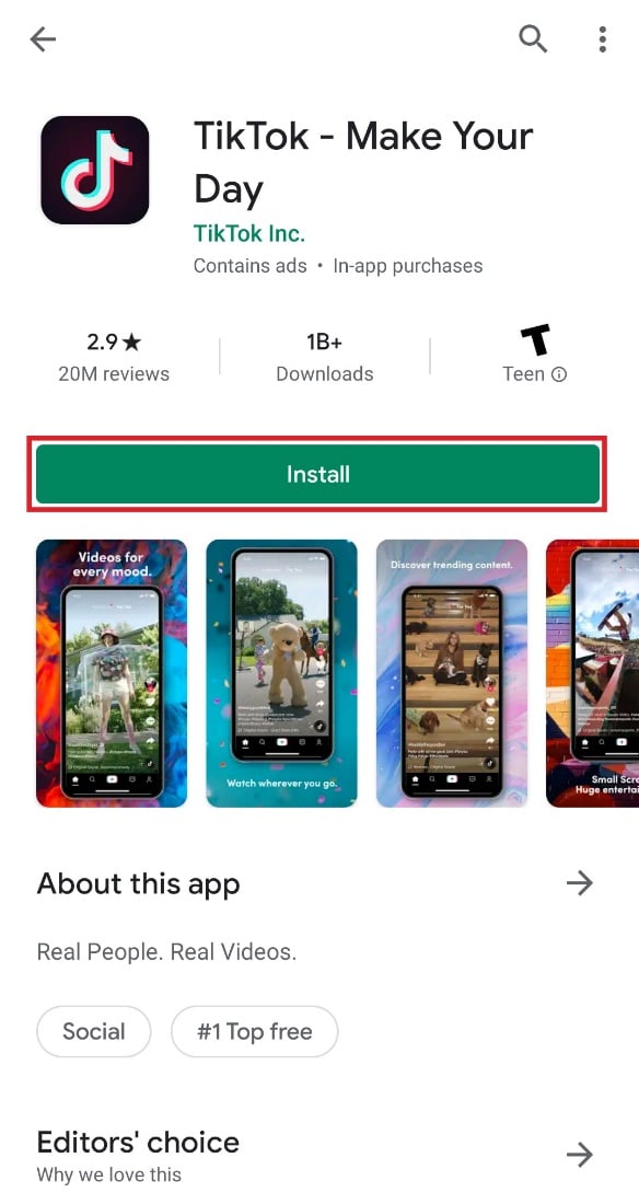 tocca su installa | l'immagine del profilo tiktok non viene visualizzata