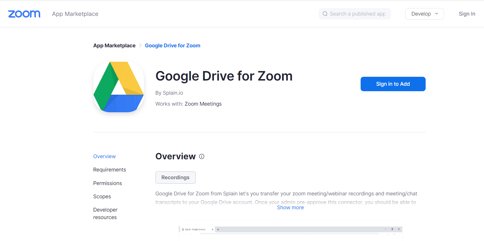 Página oficial do Google Drive para Zoom