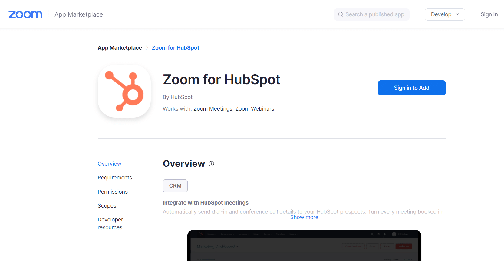 Zoom für die offizielle Webseite von Hubspot