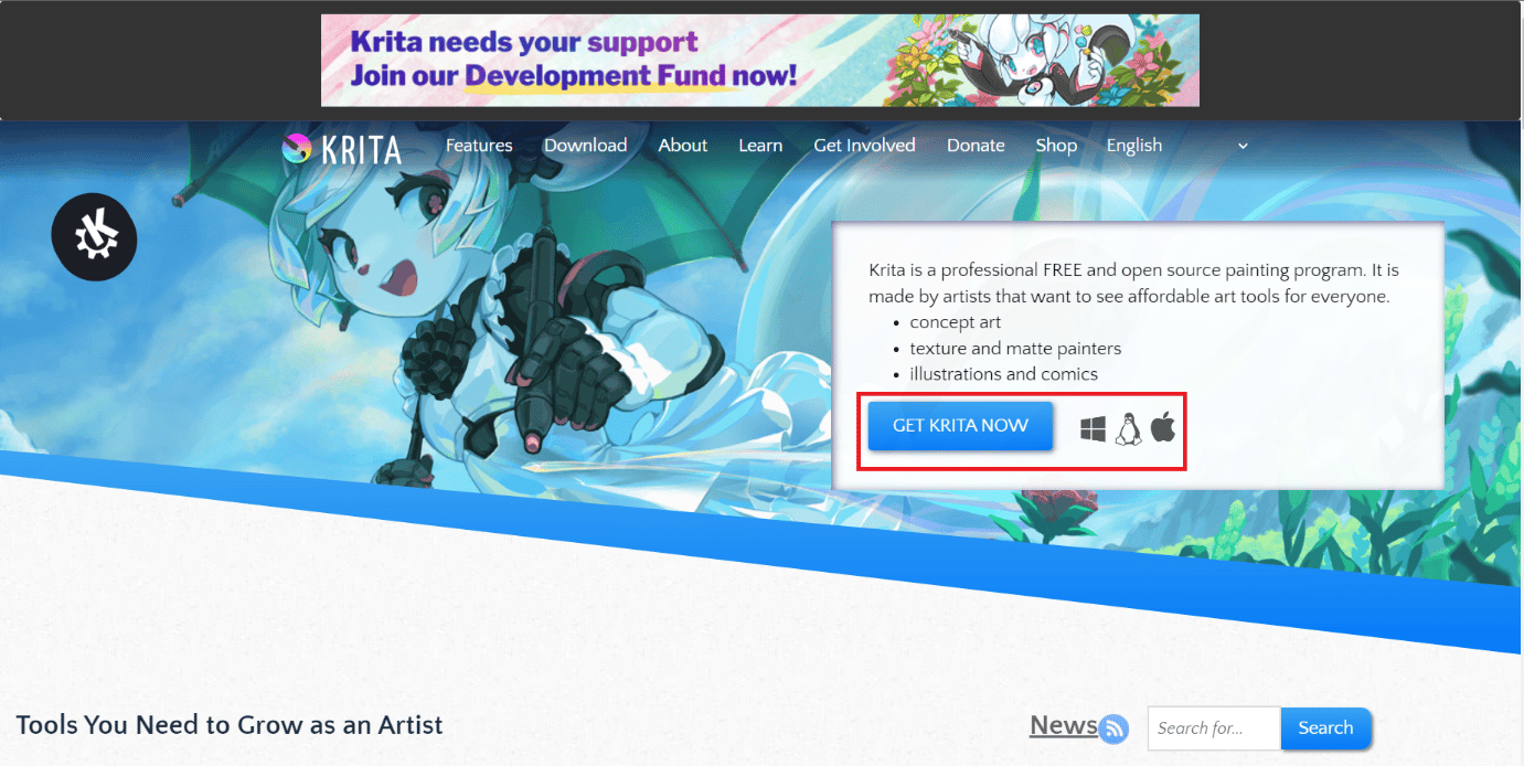 Abra el sitio web oficial de Krita y haga clic en OBTENER KRITA AHORA. ¿Krita es bueno para la animación?