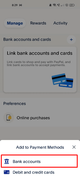 ドロップダウン メニューから [銀行口座] オプションをタップして、新しい銀行口座をリンクします。 | | PayPal履歴を削除する方法