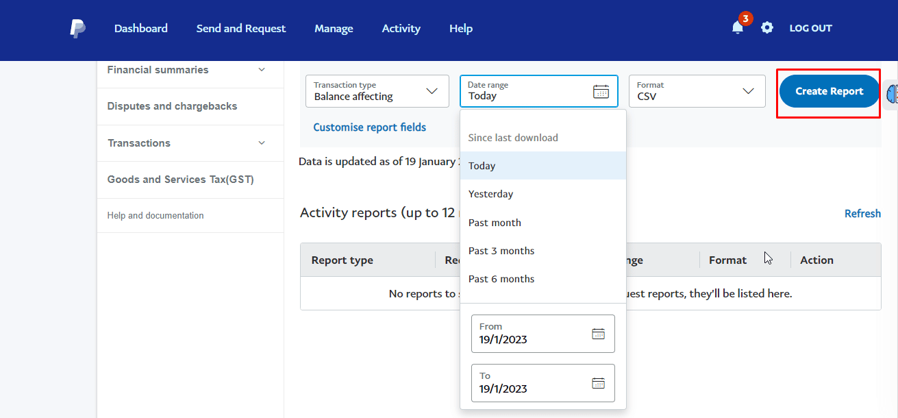 En la pestaña Descarga de actividad, seleccione el tipo de transacción, el rango de fechas y el formato en el que desea descargar el informe. Una vez hecho todo, haga clic en la opción Crear informe. | Cómo eliminar el historial de PayPal