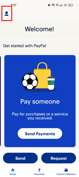 Toque el ícono de la foto de perfil presente en la esquina superior izquierda de la pantalla de inicio | Cómo eliminar el historial de PayPal | ocultar transacciones de PayPal