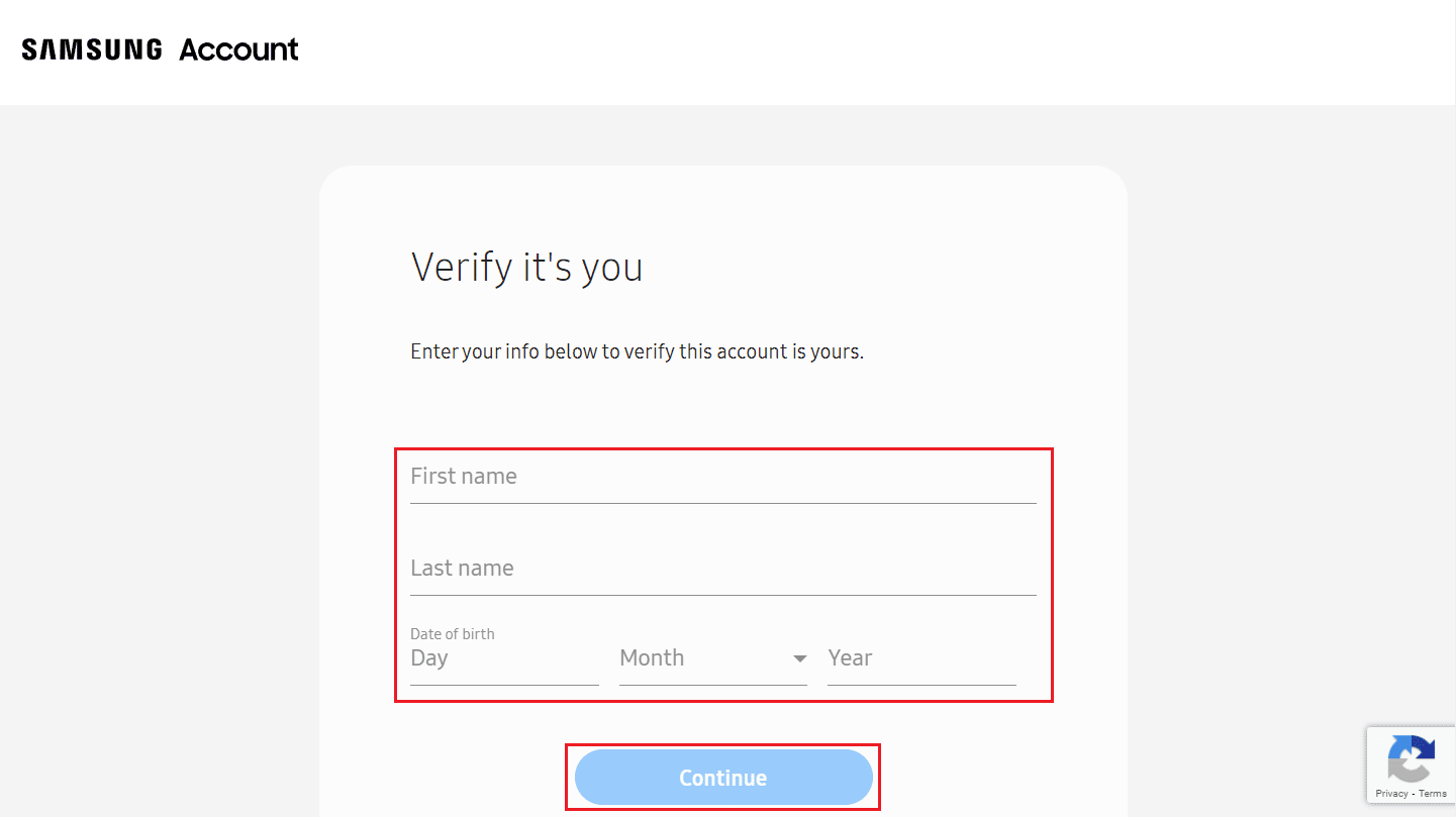 Ingrese su nombre y fecha de nacimiento y haga clic en Continuar | Cómo cambiar el correo electrónico de la cuenta de Samsung