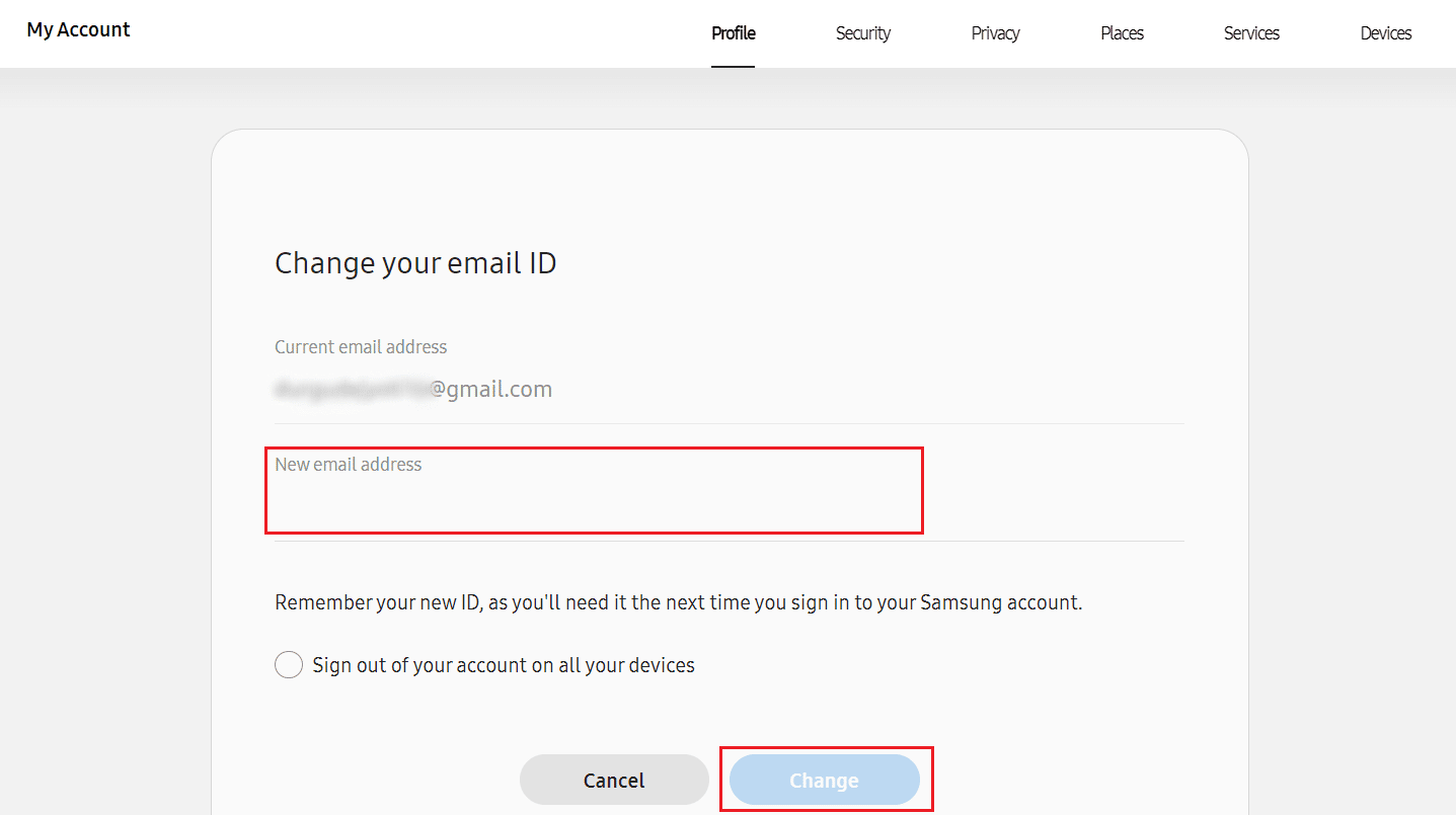 Digite o novo endereço de e-mail no respectivo campo e clique em Alterar