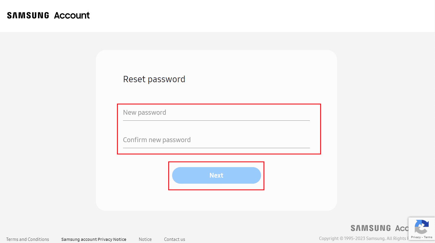 Immettere e confermare la nuova password e fare clic su Avanti | Come modificare l'e-mail dell'account Samsung