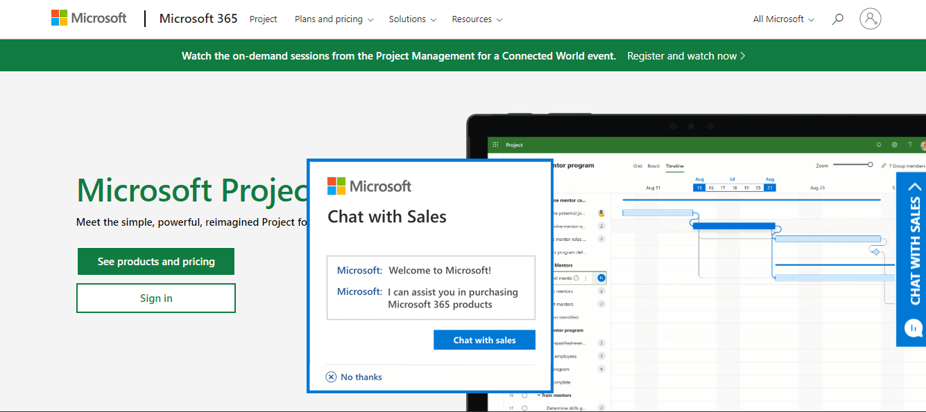 صفحة Microsoft Project الرئيسية