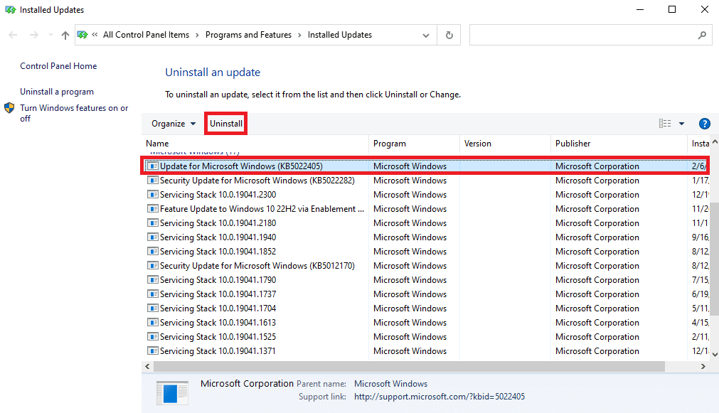 Seleccione la última actualización de Windows y haga clic en Desinstalar