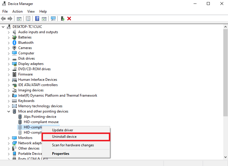 desinstalar dispositivo. Solucionar el problema de desplazamiento de Windows por sí mismo