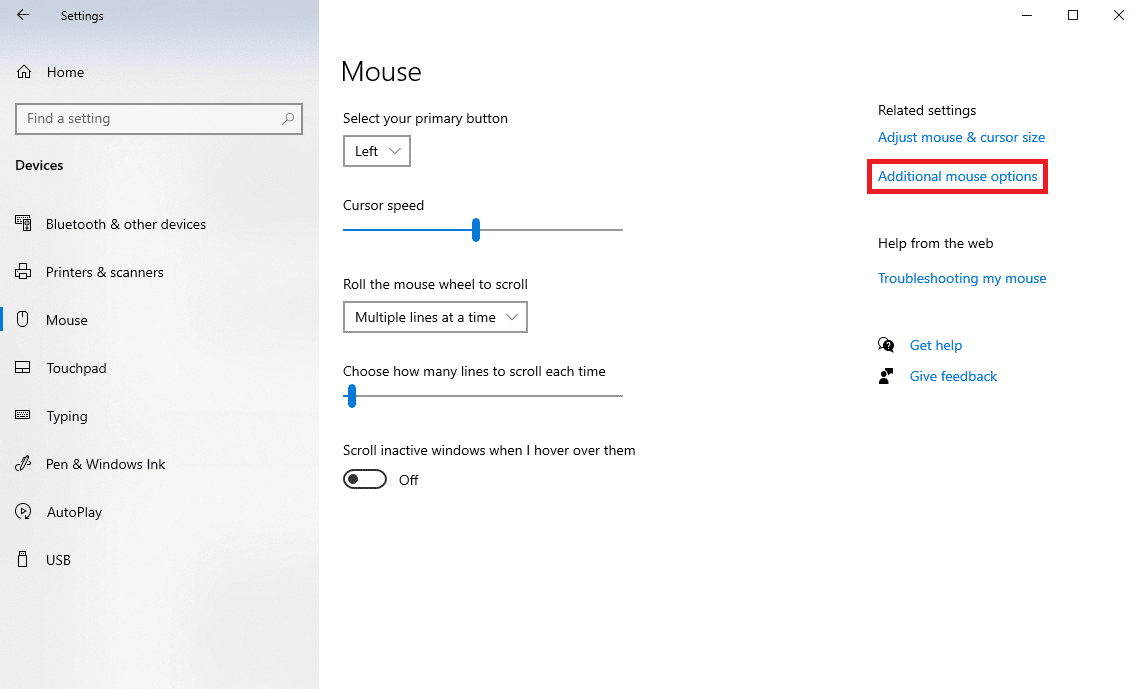 localisez et cliquez sur Options de souris supplémentaires