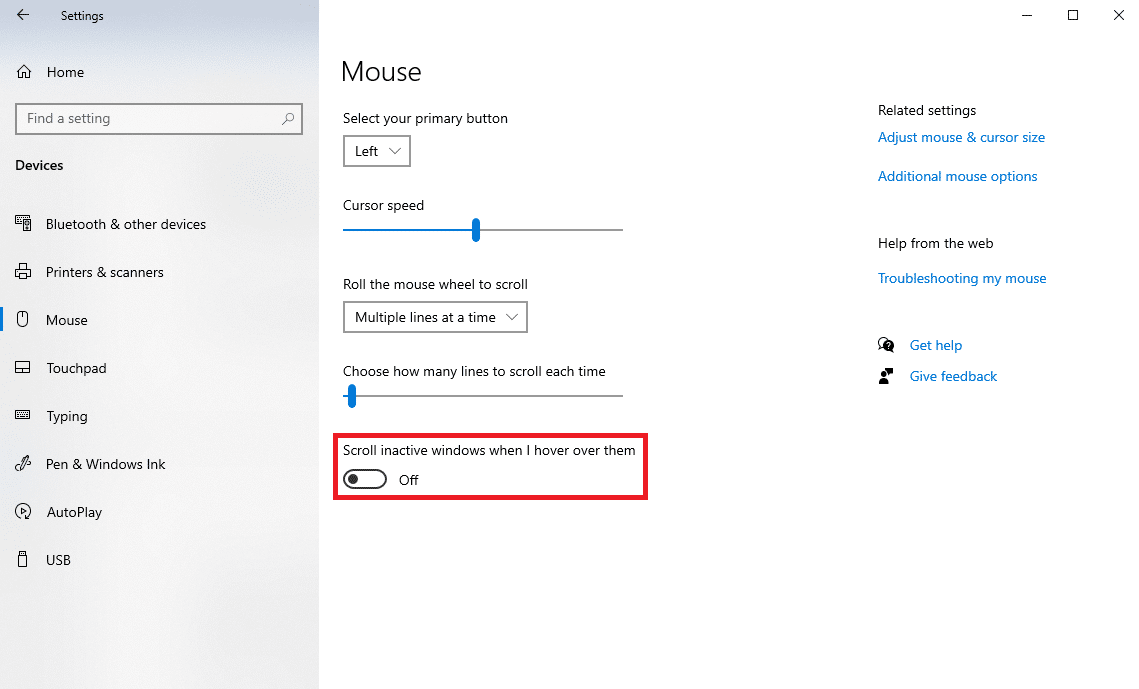 Deaktivieren Sie den Schalter für Scrollen inaktiver Fenster, wenn Sie mit der Maus darüber fahren