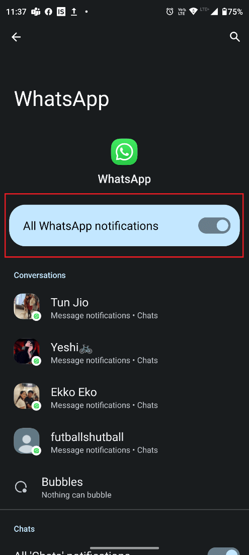 Activați comutatorul Toate notificările WhatsApp dacă este dezactivat. Remediați notificările WhatsApp care nu funcționează pe Android 11