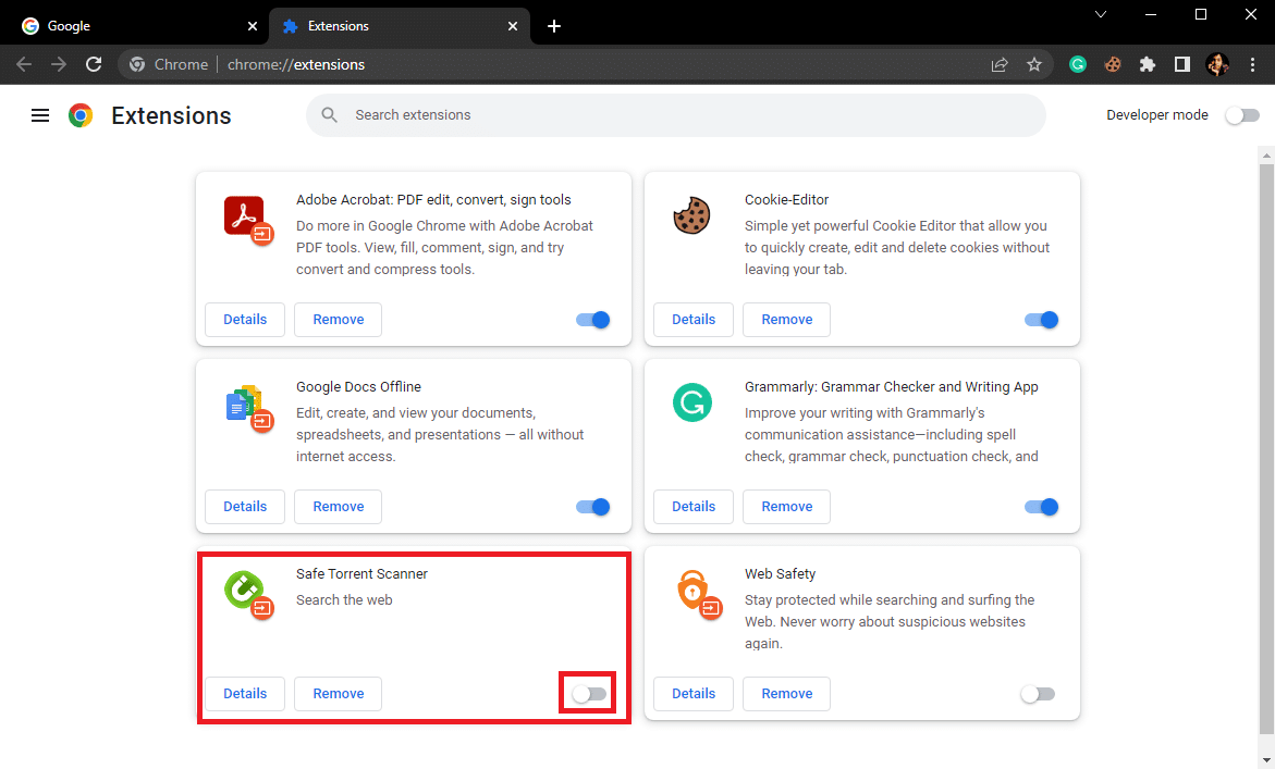 Suchen Sie die problematische Erweiterung und schalten Sie den Schalter dafür aus