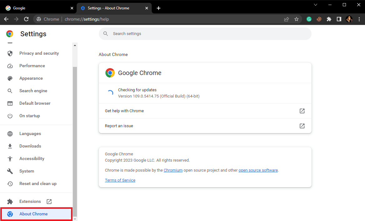 點擊關於 Chrome 選項卡。修復 Twitter 無法在 Chrome 上加載的 13 種方法