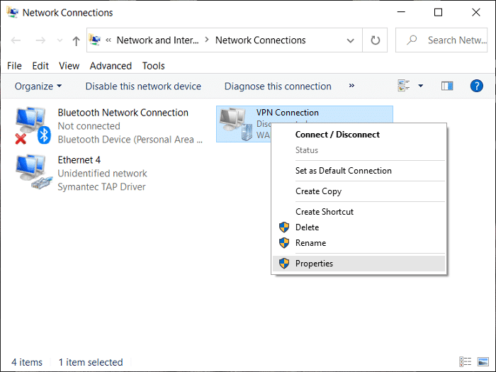 Haga clic derecho en el servidor VPN que acaba de crear y seleccione Propiedades