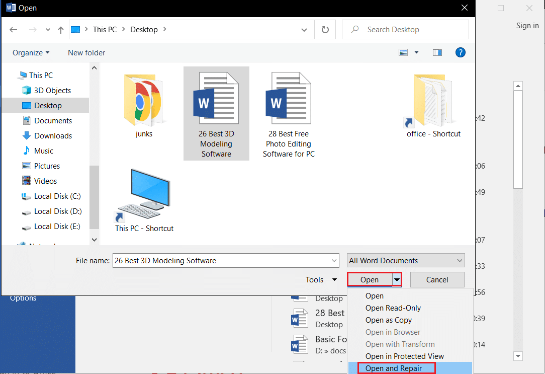 Abra y repare el archivo de Word en Microsoft Word. Arreglar el archivo de documento de Word guardado que se abre en blanco