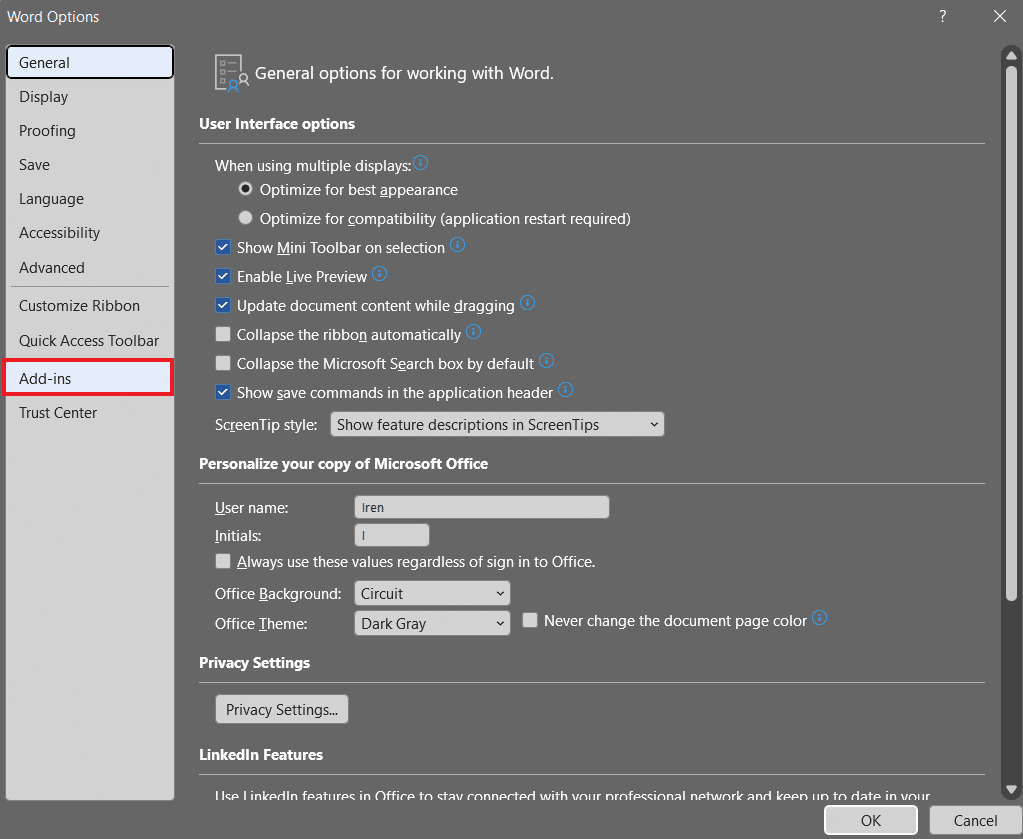 คลิกที่ Add-in แก้ไขไฟล์เอกสาร Word ที่บันทึกไว้เปิดขึ้นว่างเปล่า