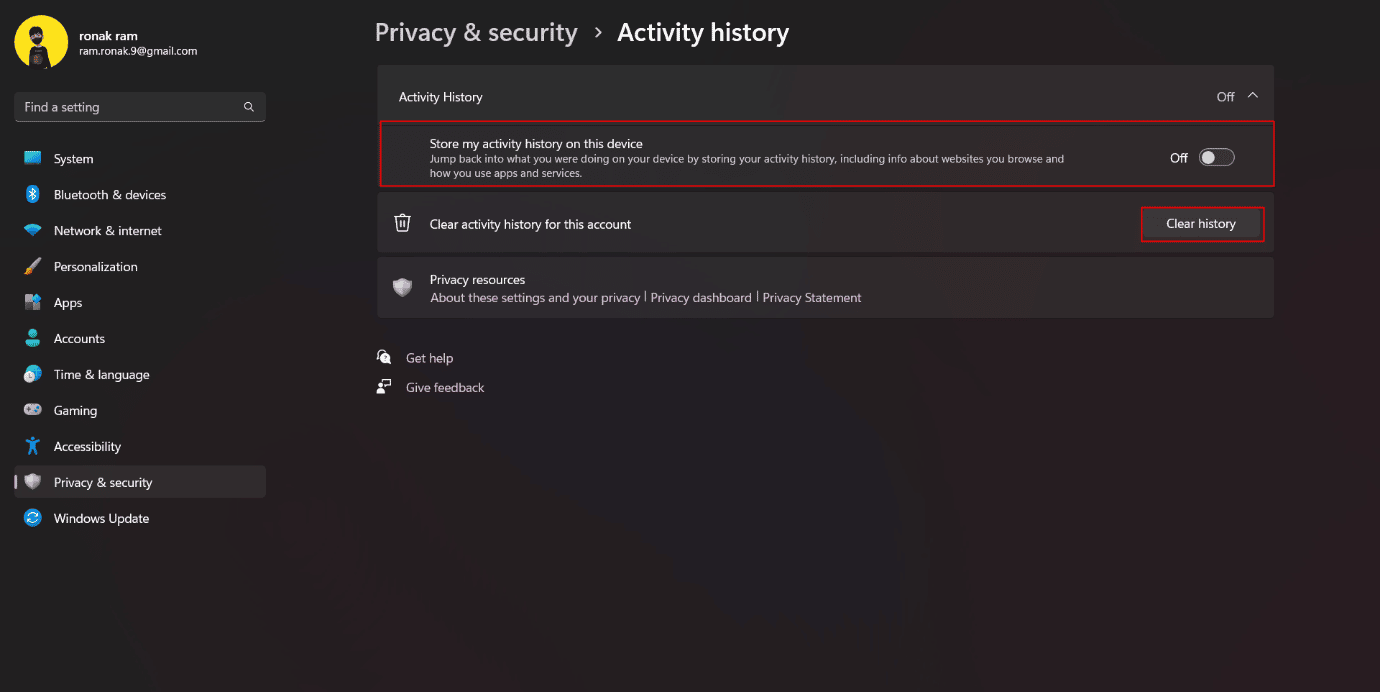 option d'effacement de l'historique. 16 paramètres à modifier pour protéger votre vie privée dans Windows 11