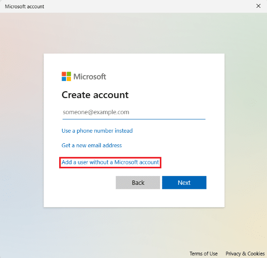 Microsoft Hesabı penceresi