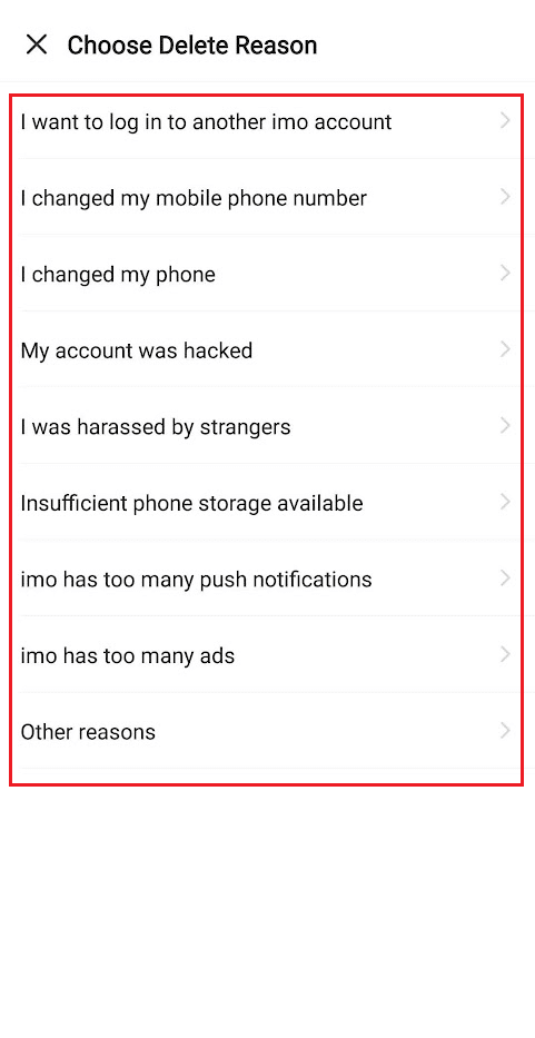 Wählen Sie den gewünschten Grund zum Löschen Ihres Kontos aus
