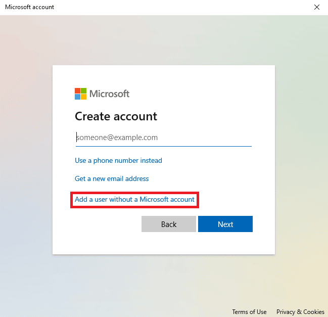 [Microsoft アカウントを持たないユーザーを追加する] をクリックします。指定されたユーザーが有効なプロファイルを持っていない問題を修正する方法