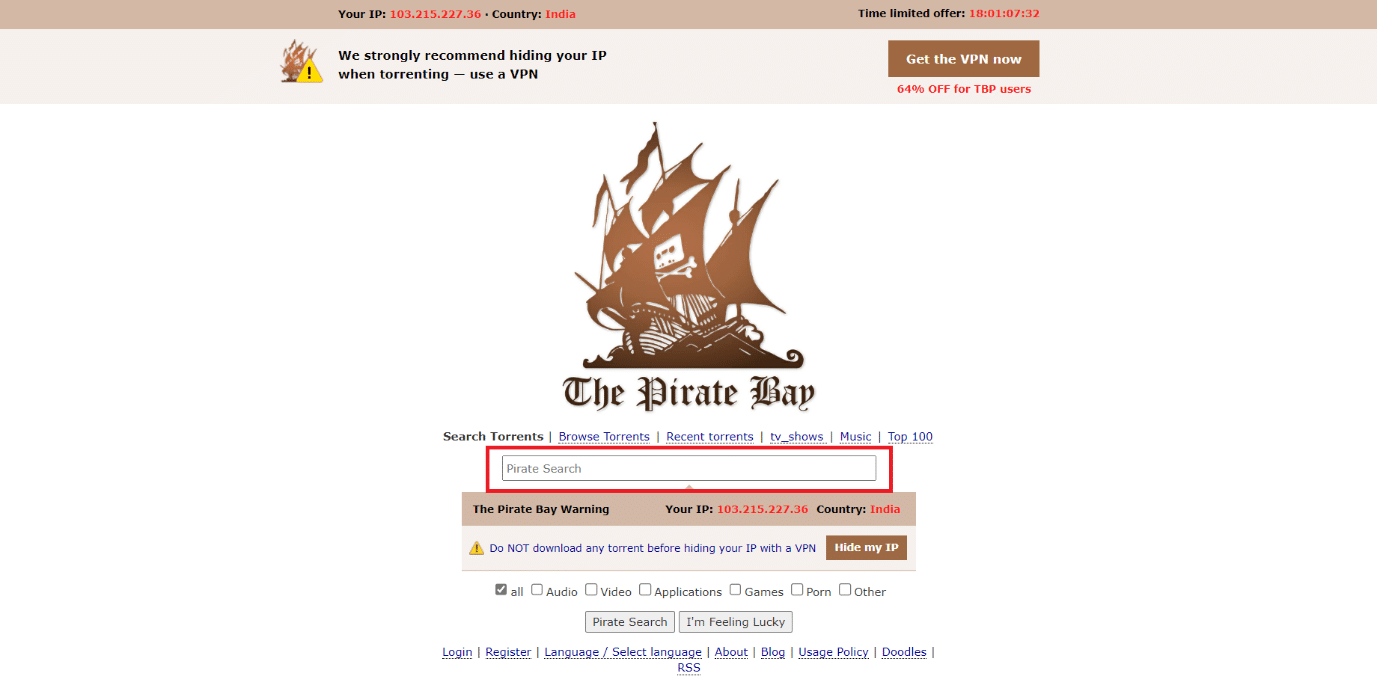 cari ThePirateBay dan buka situs webnya