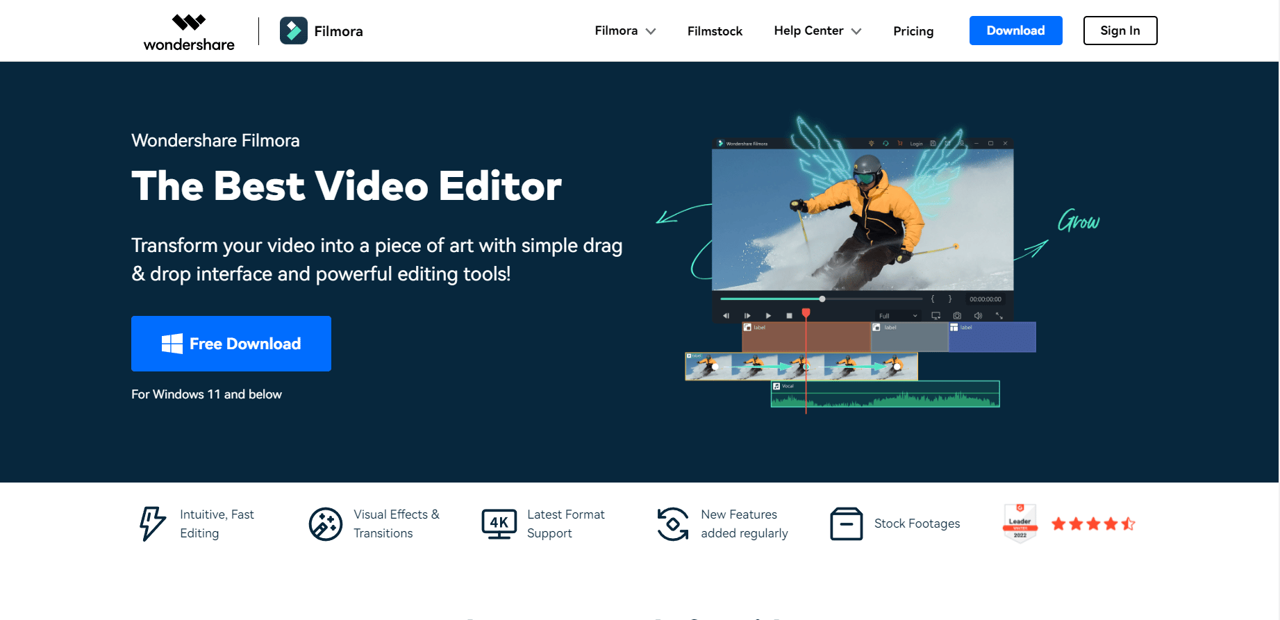 Sitio web de Filmora. Descarga gratuita de Adobe Premiere Pro para Windows 11