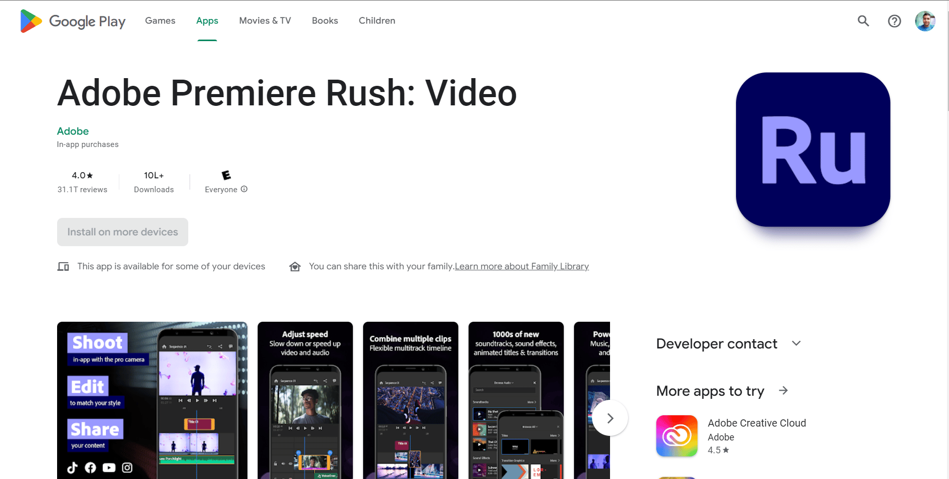 Adobe Premiere Rush-Installationsseite