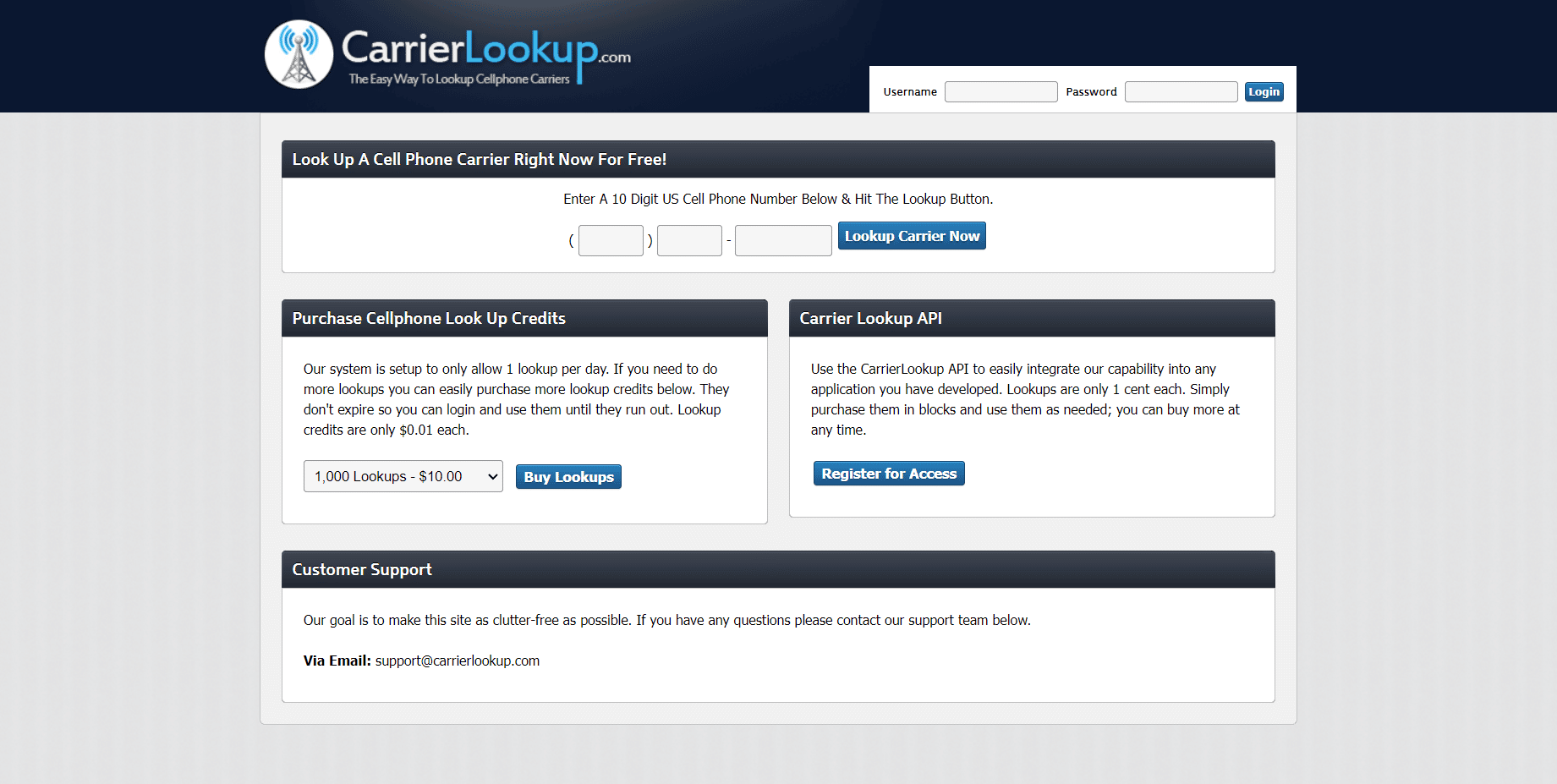 เว็บไซต์ CarrierLookUp