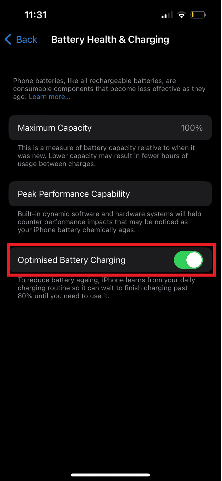 Localisez la bascule de charge optimisée de la batterie et désactivez-la.