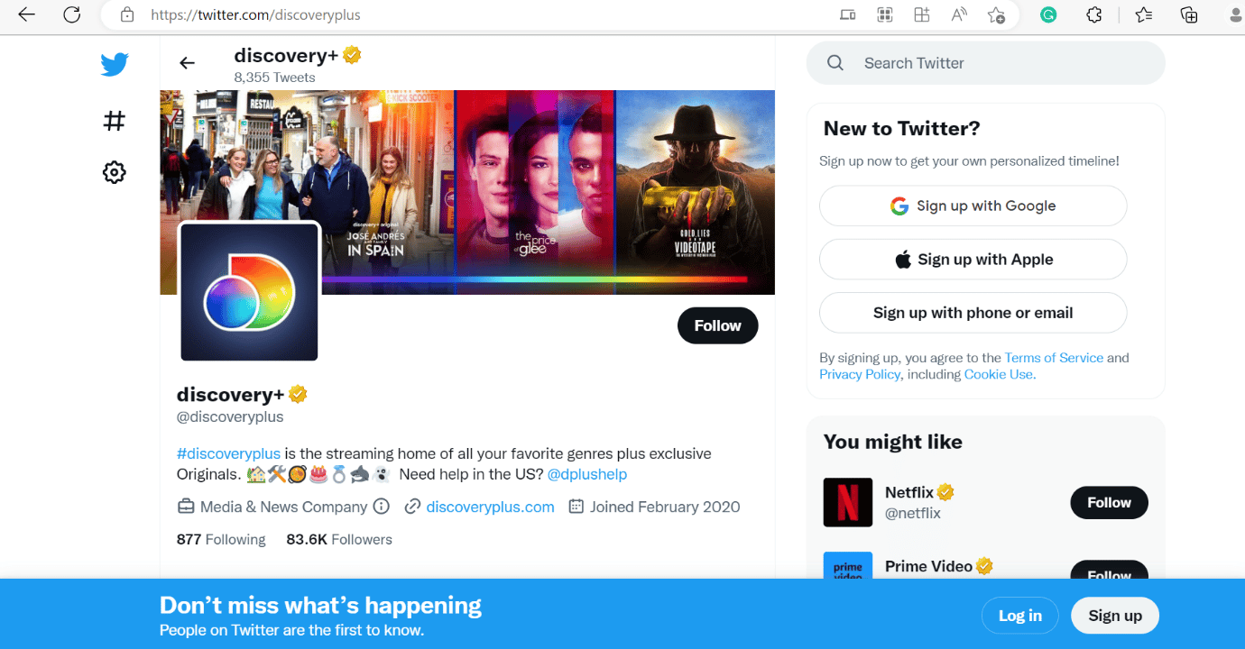 страница Discovery Plus в твиттере