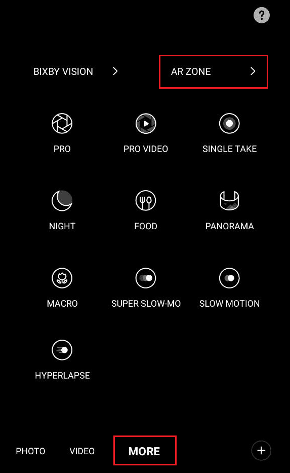 MORE 탭으로 전환하고 AR ZONE 옵션을 누릅니다.
